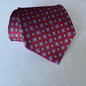 Polo Ralph Lauren Silk Tie Burgundy Red Blue Geometric Medallion Hand Made USA